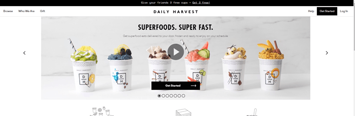 Daily Harvest website screenshot showing six different shakes from the company.