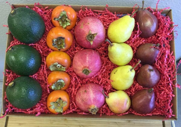 A box with red packing material and fruit