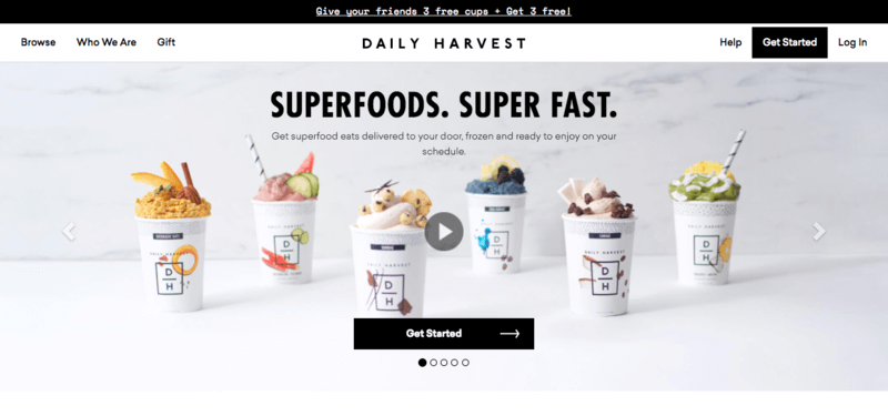 daily harvest website screenshot highlighting six smoothie packs from the company, each with a different flavor