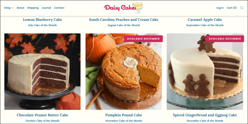 screenshot of Daisy Cakes Seasonal Cakes of the Month's web page that is mainly off white, the website's name/logo on top along with the main navigation menu, main content area shows images of different cakes for each month of the year