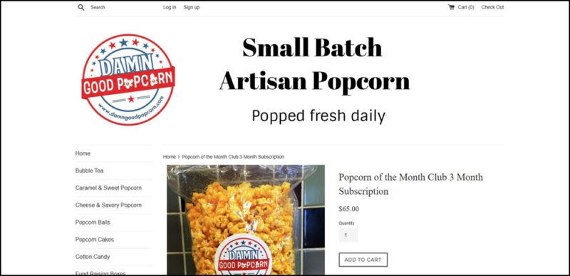 A website screenshot from Damn Good Popcorn, showing a large bag of cheese popcorn