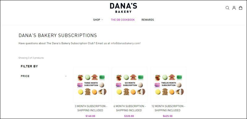 Dana's Bakery Macaron Subscription | Food For Net screen shot of Dana's Bakery Macaron Subscription's web page, with plain white header bearing the website's name, showcasing the different sets of subscription packages of macarons