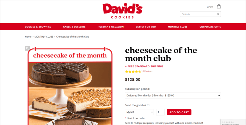 screenshot of David’s Cookies Cheesecake Of The Month Club's web page, dominantly white page with the website's name/logo, followed by a red banner bearing the main menu, the page is showing the details of the subscription plans with an image of a cheesecake.