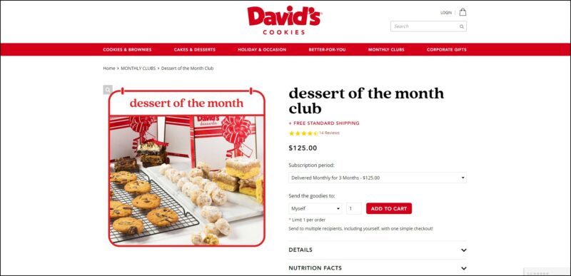 screenshot of David’s Dessert Of The Month Club's web page, dominantly white page with the red logo of on top followed by a red banner bearing the main menu, the page displays the information about the subscription plans