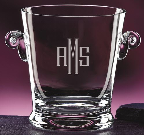 Deep Etched Monogrammed Champagne Ice Bucket | Food For Net Glass ice bucket with the initials AMS