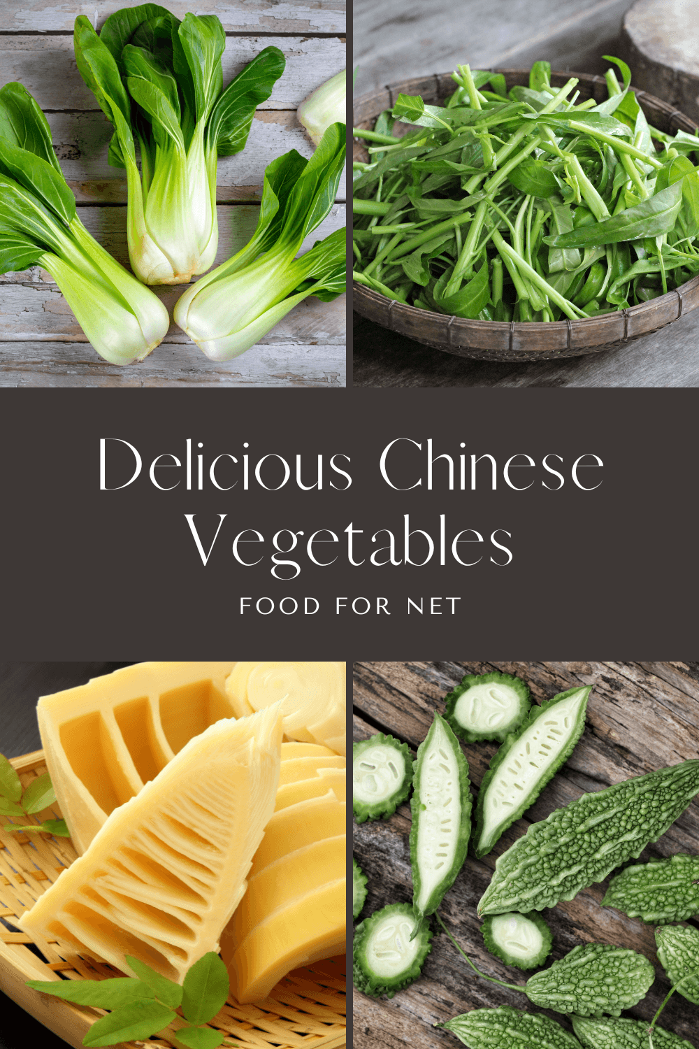 Four different types of Chinese vegetables, including bamboo shoots and bitter melon.