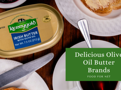 A container of Kerrygold olive oil butter, next to white plates with breakfast, highlighting some of the best olive oil butter brands