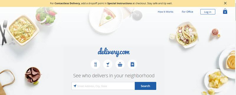 Delivery.com Website Screenshot showing various plates of food