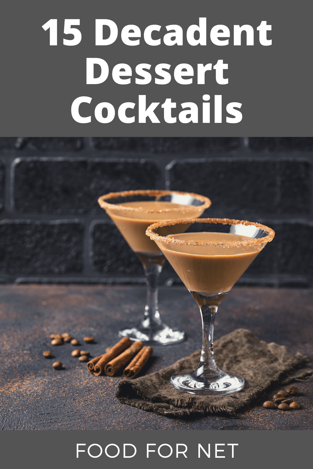 Two chocolate martinis on a table with a wall behind them