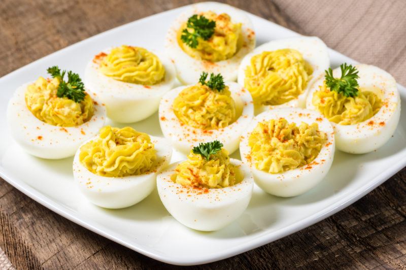 Deviled eggs on a square plate