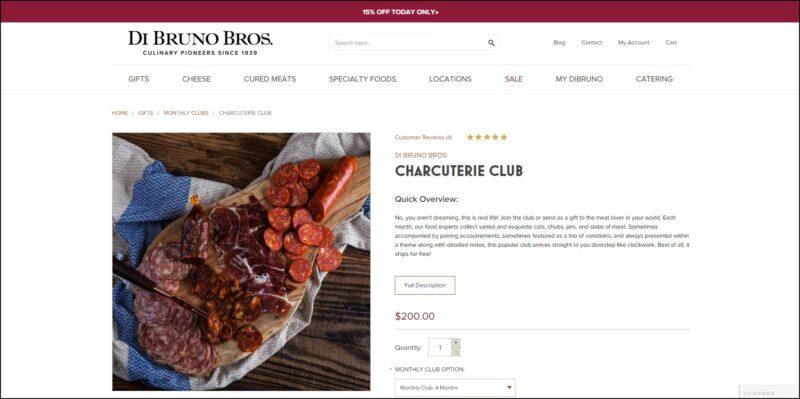 screenshot of Di Bruno Bros Charcuterie Club's web page, dominantly white page with dark red announcement bar followed by the website's name and main menu, followed by the secondary menu, the page mainly displays the details of the subscription plan accompanied by an image of a spread.