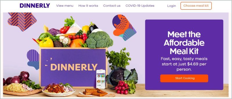 screenshot of Dinnerly homepage with an image of different fresh ingredients for cooking