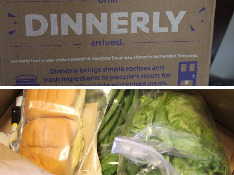 split image showing dinnerly box unopened, and inside the box (opened) with ingredients wrapped in packaging