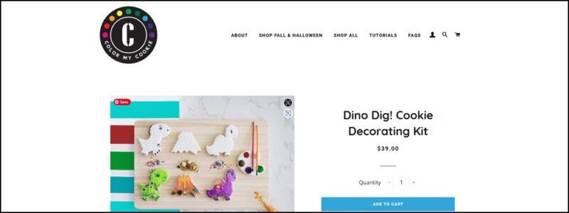 A website screenshot showing dinosaur cookies as part of a cookie decorating set