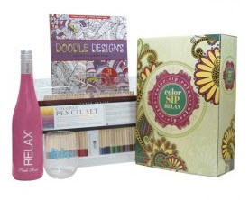 Doodle Design And Relax Pink “Color Sip Relax” Collection | Food For Net Pink bottle of wine with a pencil set and an adult coloring book