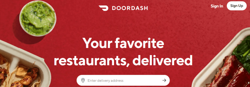 DoorDash Website Screenshot showing two images of takeout food on a red background