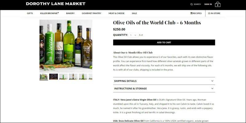 screenshot of Dorothy Lane Market Olive Oils of the World Club's web page, a dominantly white page with black header bearing the website's name followed by the main menu, the page displays the details of the subscription plans