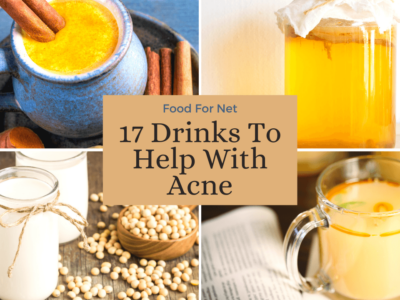 Four types of drinks to help with acne, including turmeric tea, kombucha, soy milk, and bone broth