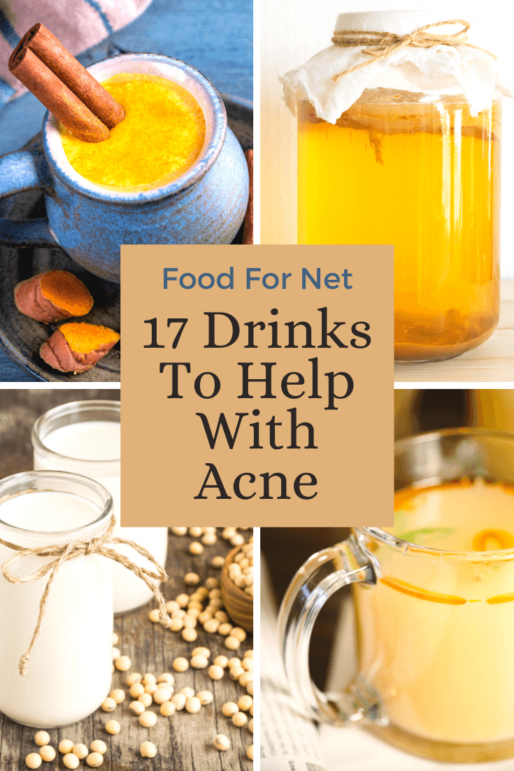 Four types of drinks to help with acne, including turmeric tea, kombucha, soy milk, and bone broth