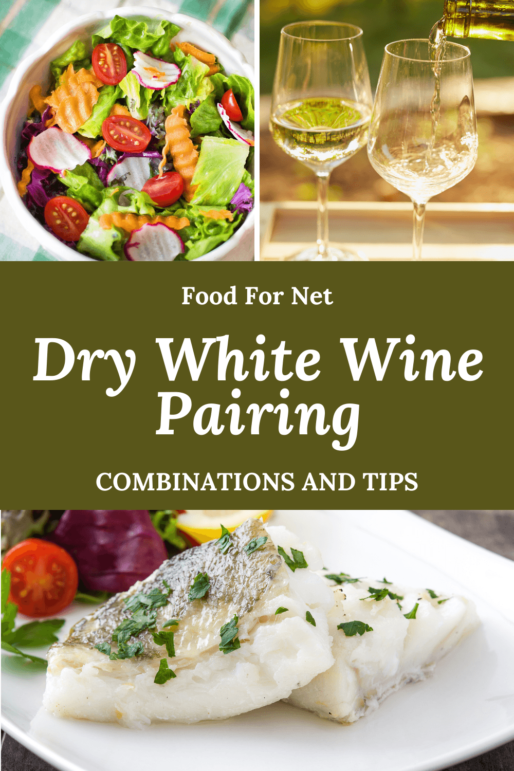 A fresh salad, soome cooked fish on a white plate and some white wine for dry white wine pairing