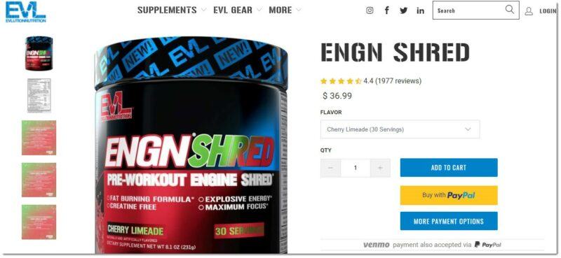 ENGN Shred from Evlution Nutrition, showing details about the supplement and an image of it