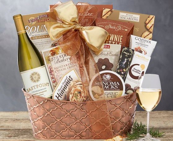 Eastpoint Cellars Chardonnay Gift | Food For Net Bronze Themed Wine Gift Basket with Wine