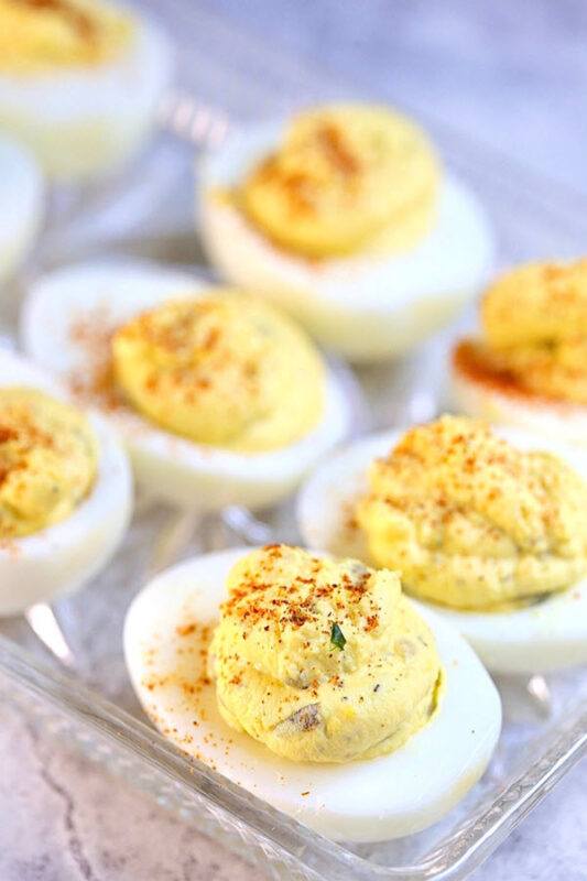 A tray with a selection of easy Southern deviled eggs