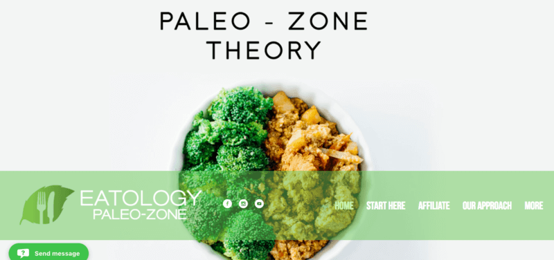 Eatology Website Screenshot showing a bowl of chicken and broccoli, along with the paleo-zone tagline