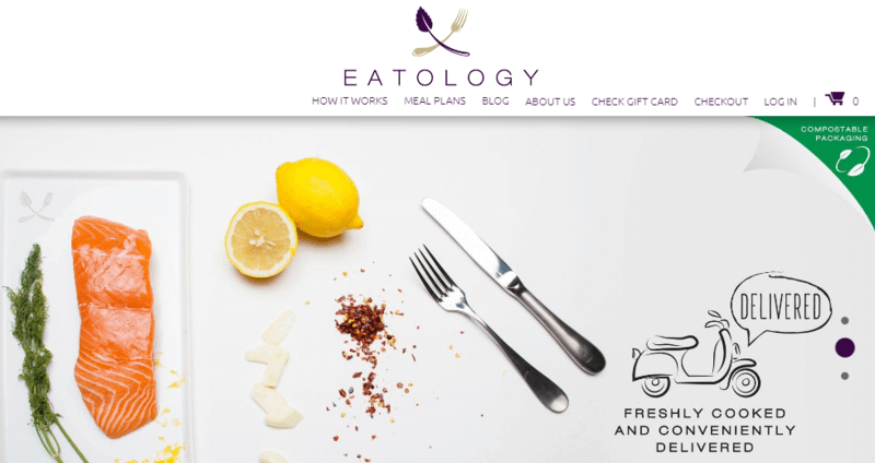 Eatology website screenshot showing salmon and some greens on a white background, along with lemon, a knife and fork and some spices