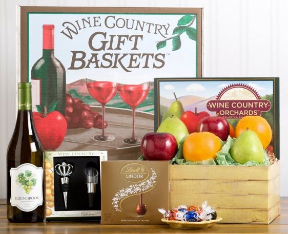 Edenbrook Chardonnay, Fruit and Truffle Collection | Food For Net A crate containing fresh fruit, chocolates and wine.