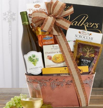Edenbrook Vineyards Chardonnay Wine Basket | Food For Net Bronze container with a bronze ribbon and snacks.
