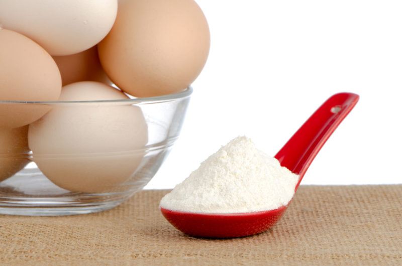 A glass bowl with eggs, next to a spoon filled with egg protein powder