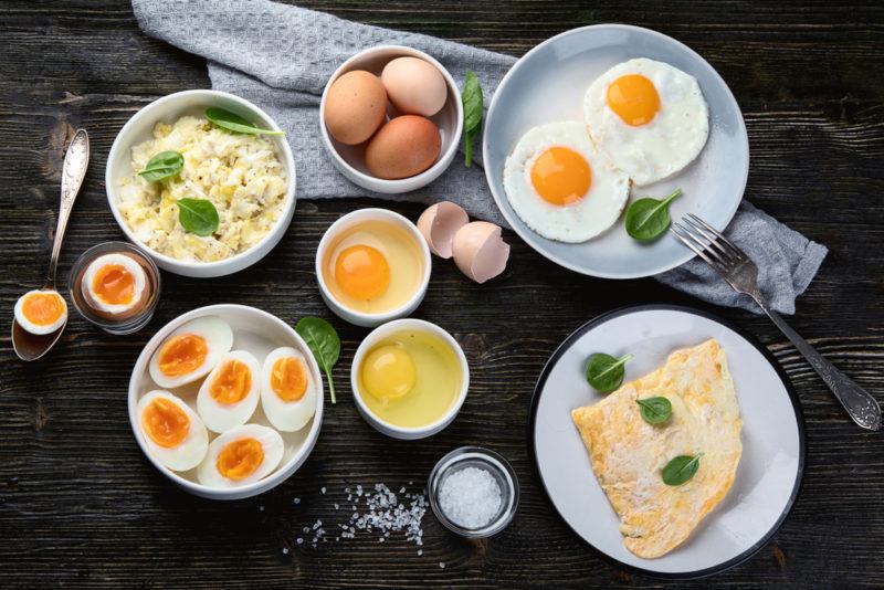 Eggs that have been cooked in various ways