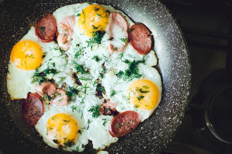 A pan of cooked eggs