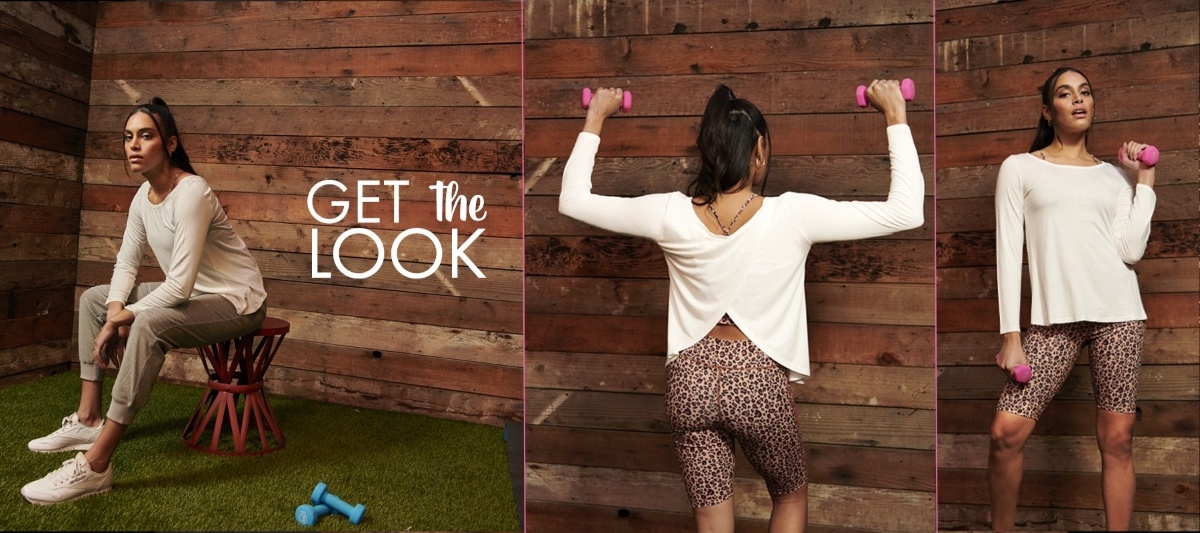 Electric Yoga woman modeling activewear in three side by side photos, the first photo she’s sitting on a stool with tan joggers and off white top, the middle photo is her holding dumbbells up with showing the back of her outfit, and the last she is casually holding dumbbells facing the camera