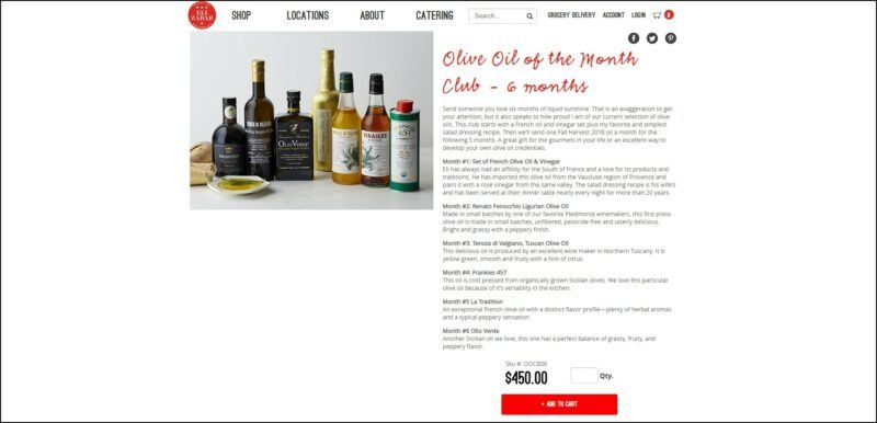 screenshot of Eli Zabar Olive Oil of the Month Club's web page, a mainly white page with the website's logo on top alongside the main menu, the page is showing the details of the subscription along with an image of the different bottles of olive oil