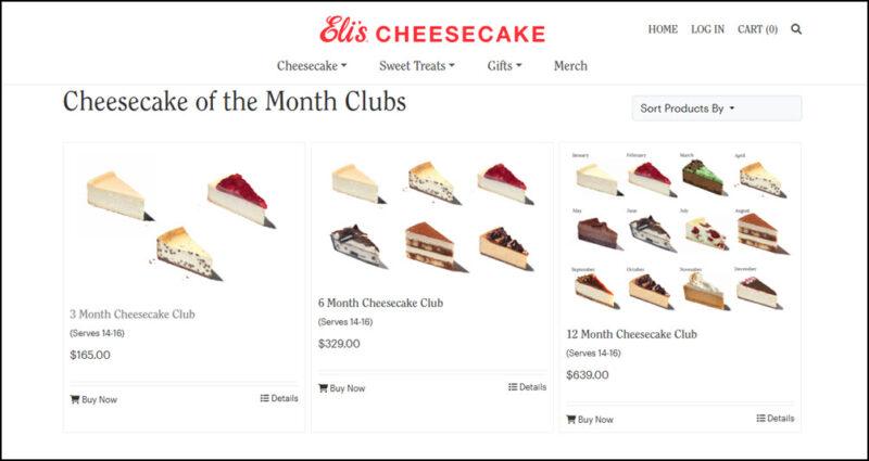 screenshot of Eli’s Cheesecake Chicago Cheesecake of the Month Clubs' web page, mainly white page with the red logo/name of the company on top followed by the main menu, the page is showing the different cheesecake of the month club levels accompanied by images of different cheesecake.