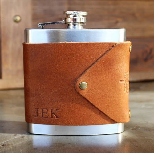Embossed-Fine-Leather-Wrapped-Flask | Food For Net A leather wrapped flask with the initials JEK