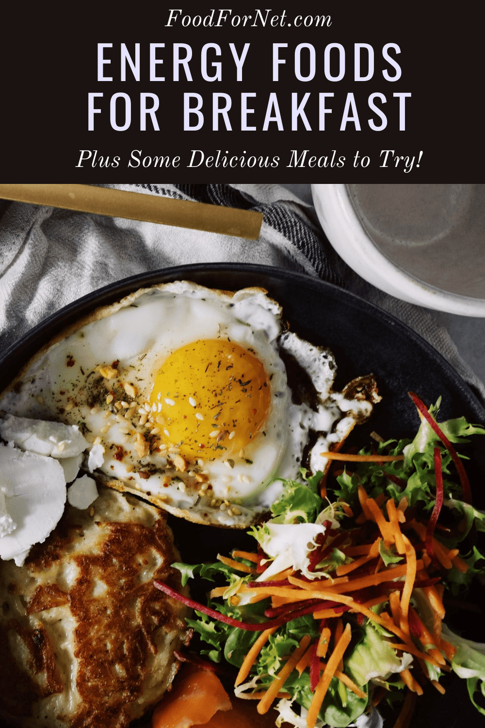 A black plate that contains eggs, a salad and other breakfast foods, with text that says Energy Foods for Breakfast