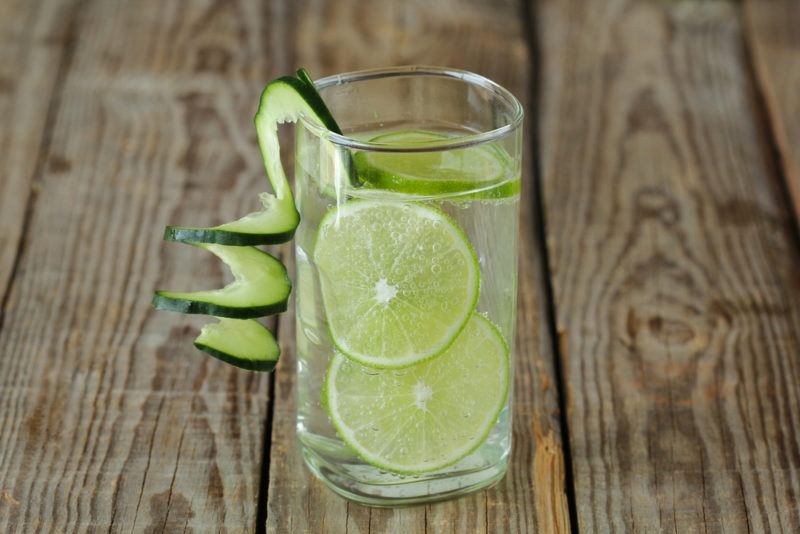 A glass of English garden cocktail with cucumber