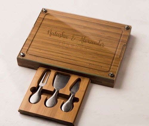 Engraved-Cheese-Board-Set1 | Food For Net A small wooden cutting board with a glass top and cheese tools