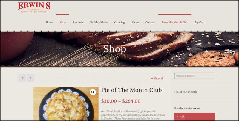 A website screenshot from Erwins Pie Of The Month Club, showing a large and delicious pie