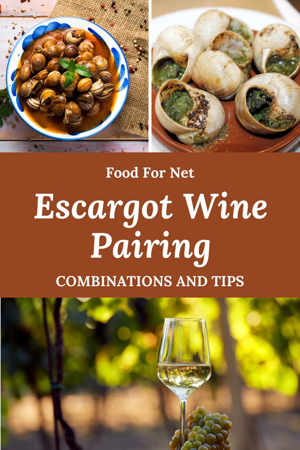 Two dishes of escagot on plates, with a glass of wine underneath