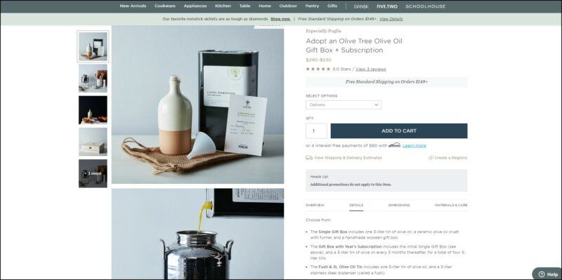 screenshot of Especially Puglia Adopt An Olive Oil Gift Box and Subscription's web page, with the dominantly white page displaying the details of the olive oil subscription accompanied with images of olive oil in ceramic bottles, tin cans, and tin container