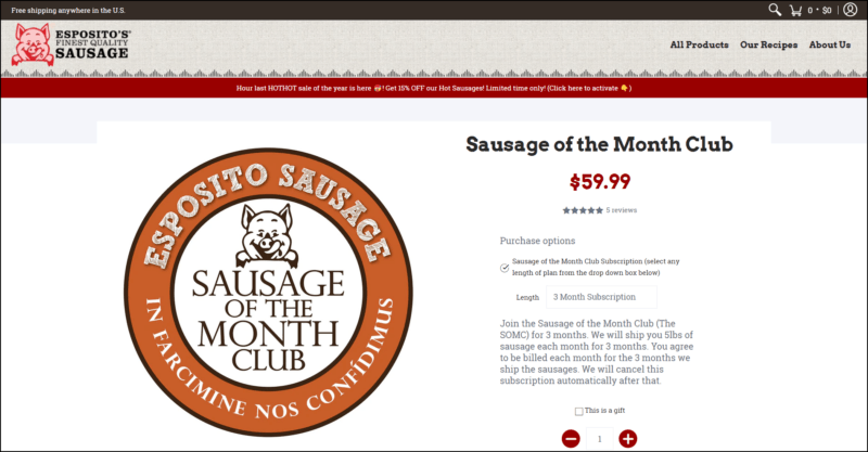 screenshot of Esposito's Finest Quality Sausage Club Membership's web page, mainly white page with a black top bar followed by the header with the website's name and logo followed by a dark red bar with the main menu, the page is showing the details of the club membership along with the website's logo for the sausage club.