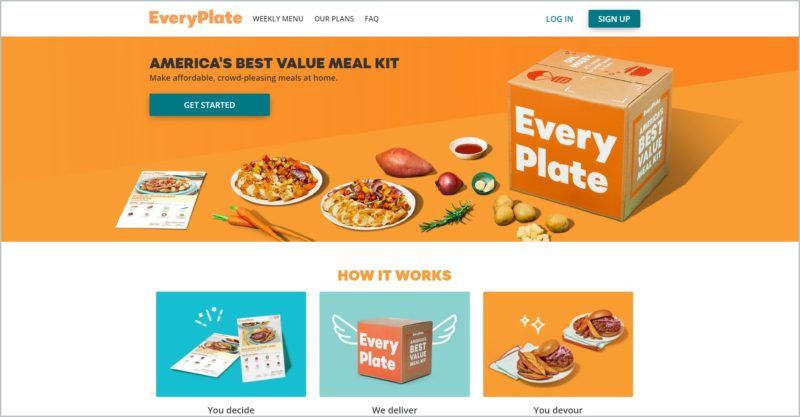 screenshot of EveryPlate homepage with images of a couple of beautifully plated dishes, a box, and several food items