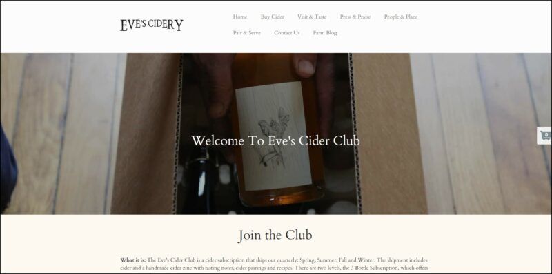 screenshot of Eve's Cider Club's web page, mainly white page with the website's name and main menu on top followed by an image banner depicting a closeup image of a bottle of cider with text overlay, underneath is the details of the cider club subscription.