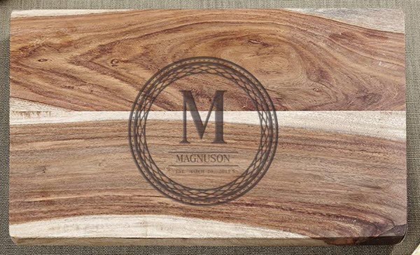 Exotic-Hardwood-Celtic-Circle-Cutting-Board | Food For Net Wooden cutting board with a Celtic circle and monogram