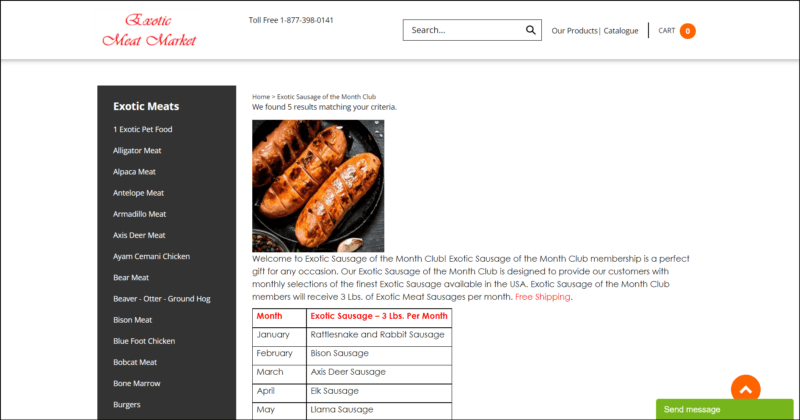 screenshot of Exotic Meat Market Exotic Sausage of the Month Club's web page, dominantly white page with the website's name, search bar, and info, there is a dark grey side bar with the different kinds of exotic meat, the main content area shows the details of the sausage club subscription details.