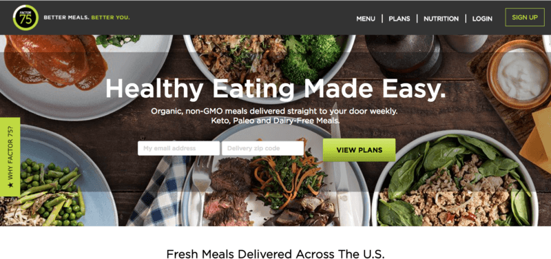 Factor 75 Website screenshot showing five different meals, which include meat and veggies